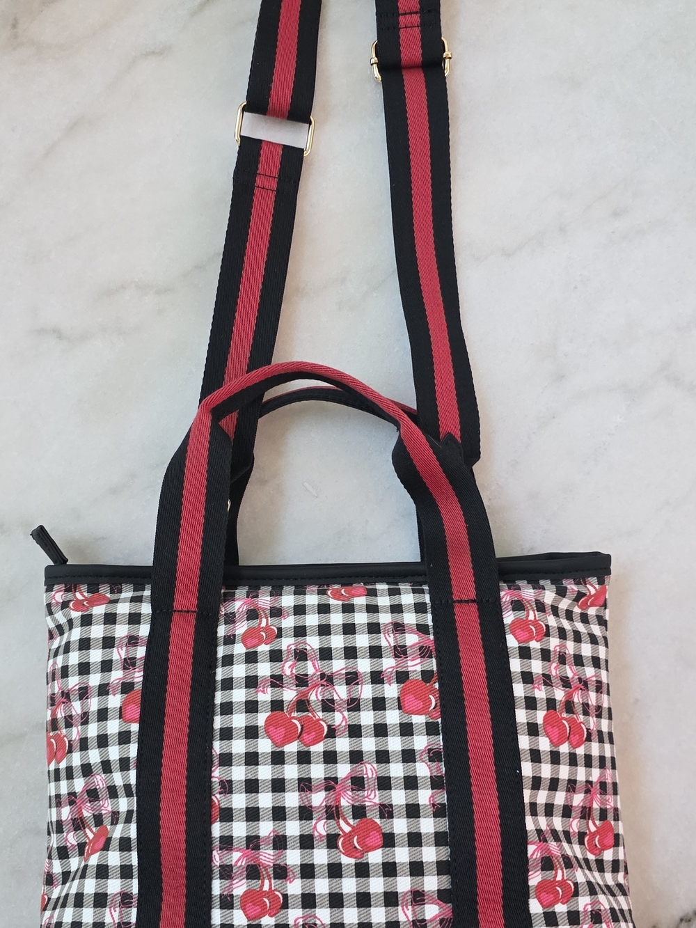 Betsey Johnson Luv Betsey LBADDIE Cherry Gingham Tote Bag Crossbody Black White - Picture 8 of 11